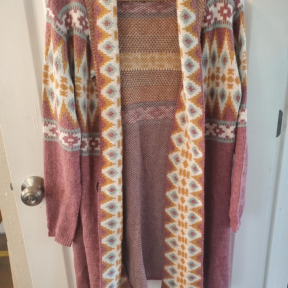 Geometric Patterned Open Front Sweater